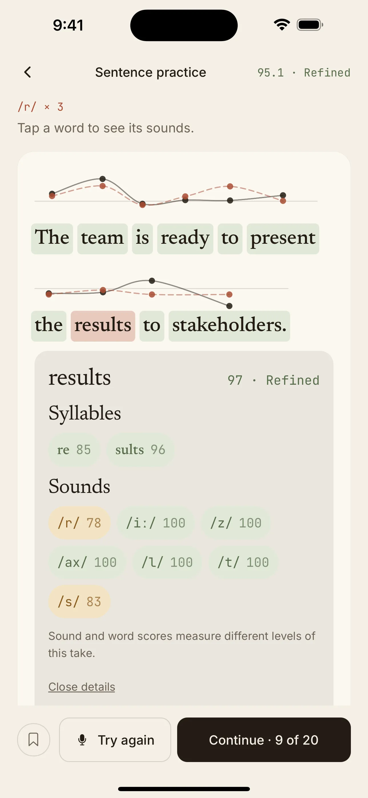 Sentence result for “The team is ready to present the results to stakeholders.” The word “results” is open, with its /r/ scored 78 and marked for attention.