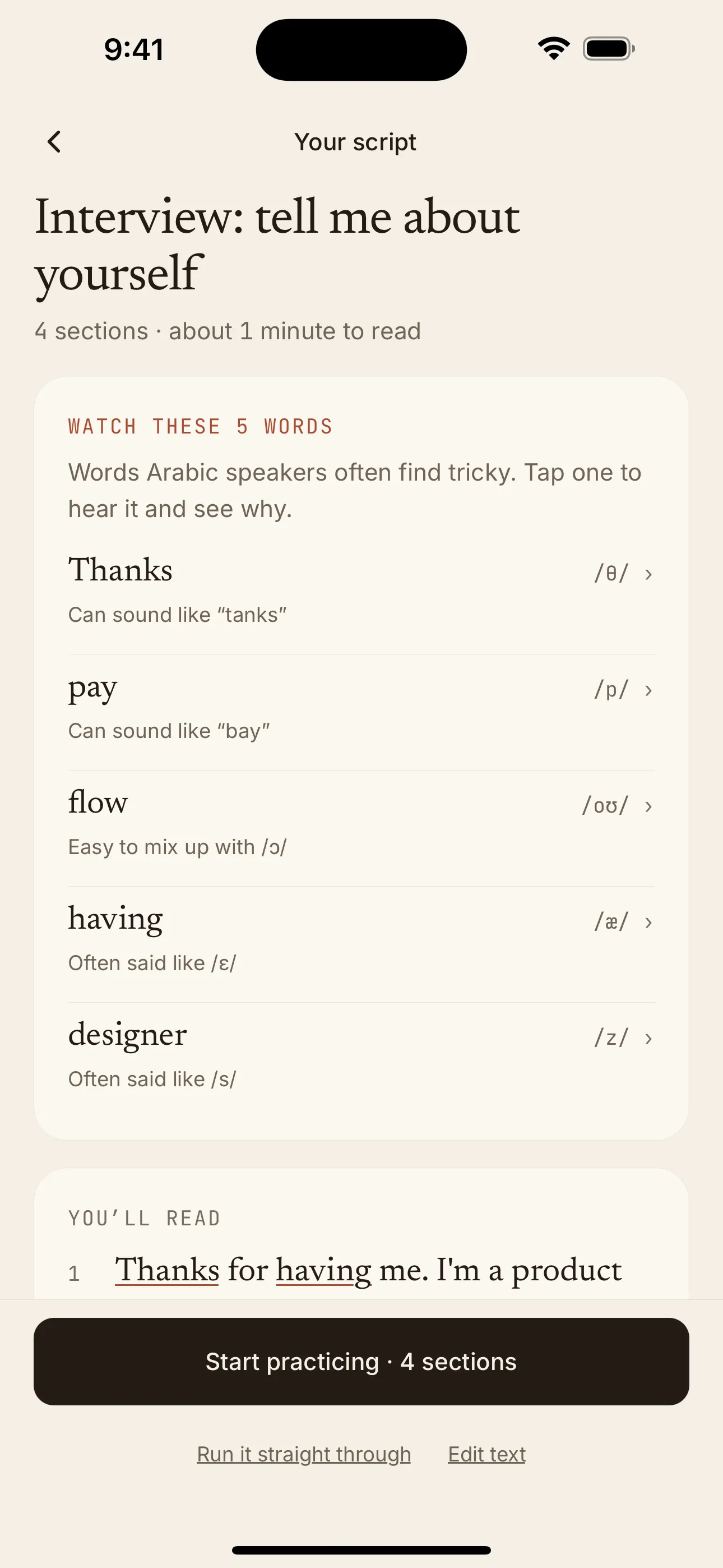 A script preview titled Interview: tell me about yourself, listing five words to watch for an Arabic speaker, such as Thanks, which can sound like tanks.
